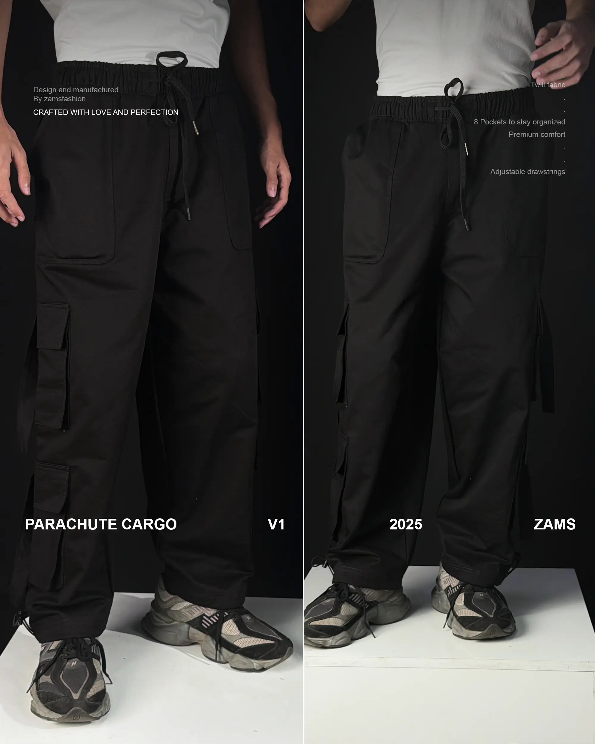 Black Parachute Cargo Pants 8 Pockets – Streetwear India | ZAMS