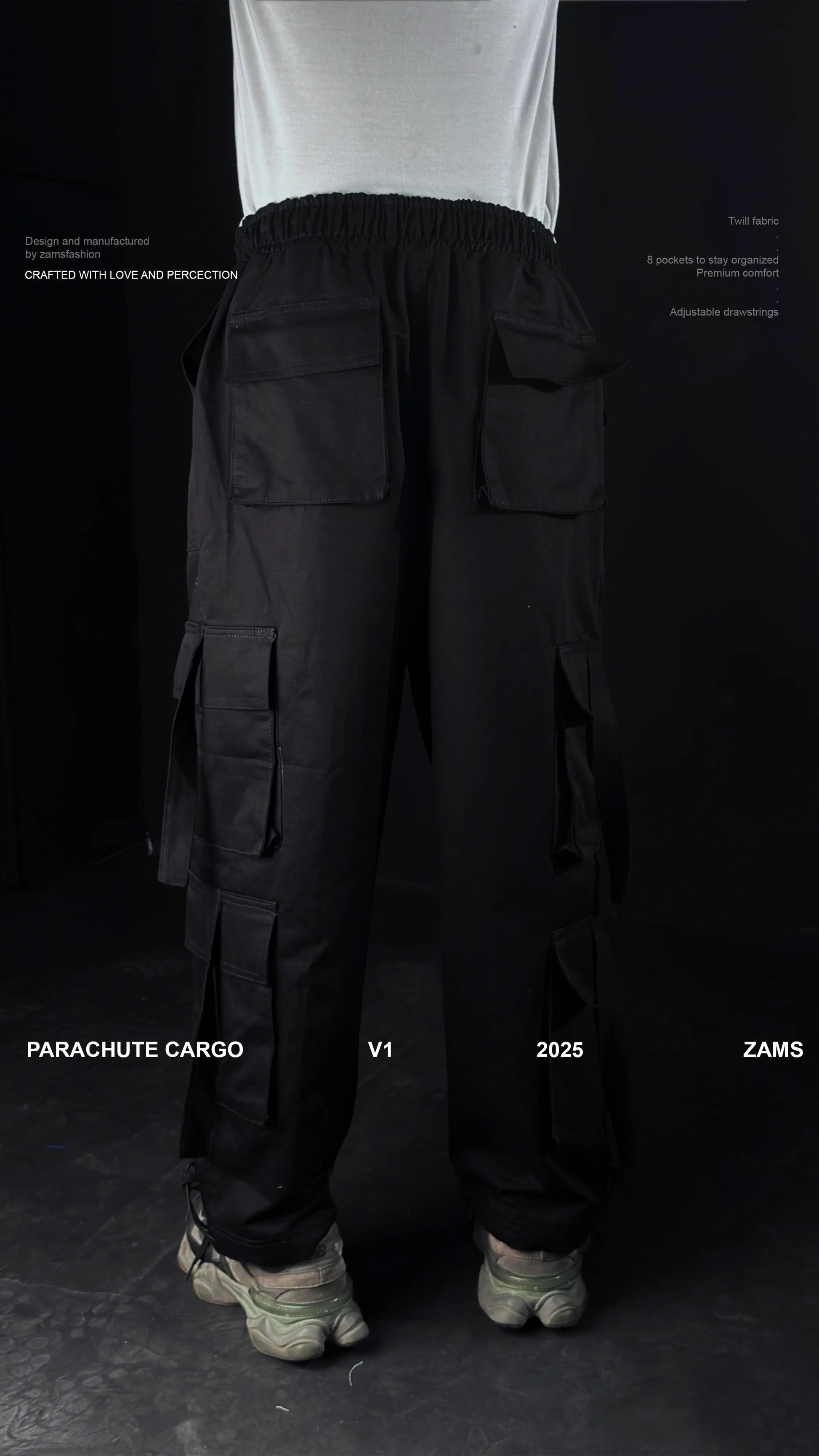 Black Parachute Cargo 8 Pockets - Adjustable Drawstrings ZAMS