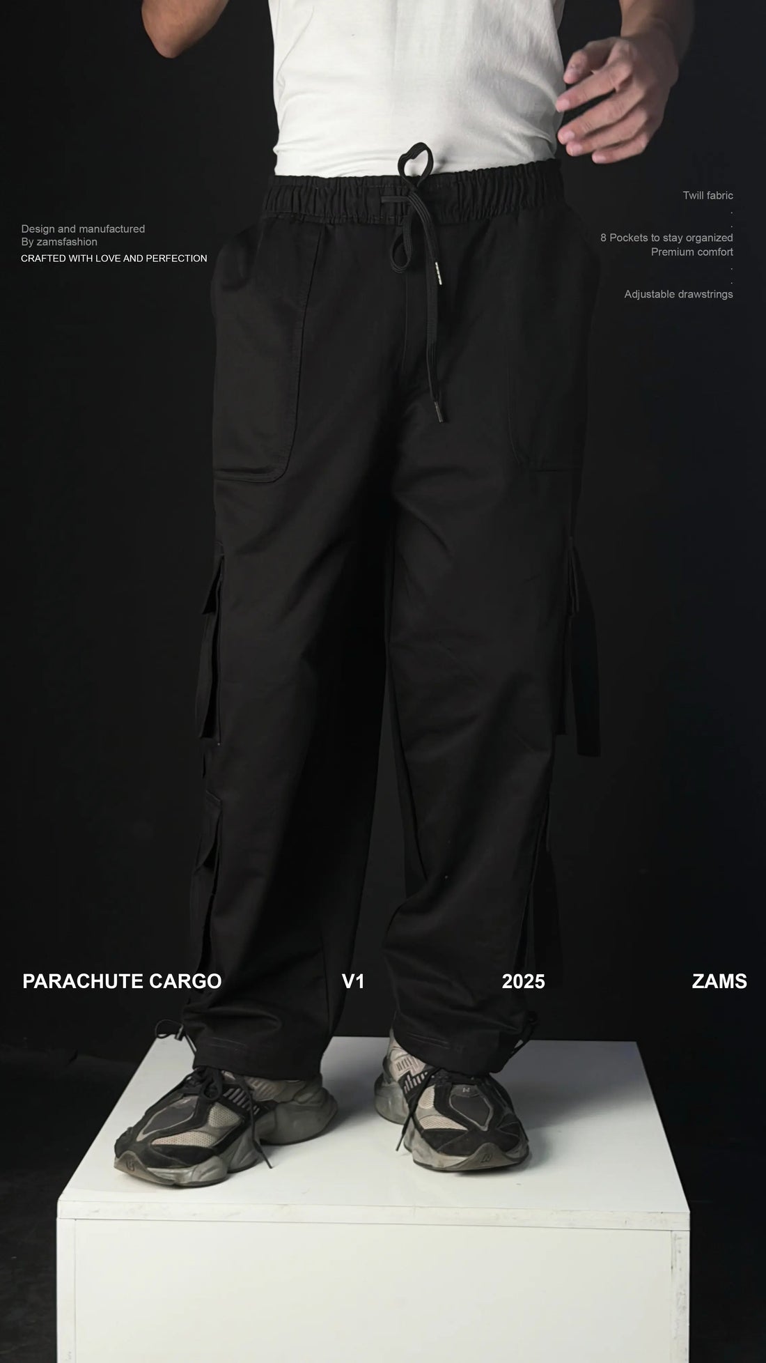 Black Parachute Cargo 8 Pockets - Adjustable Drawstrings ZAMS