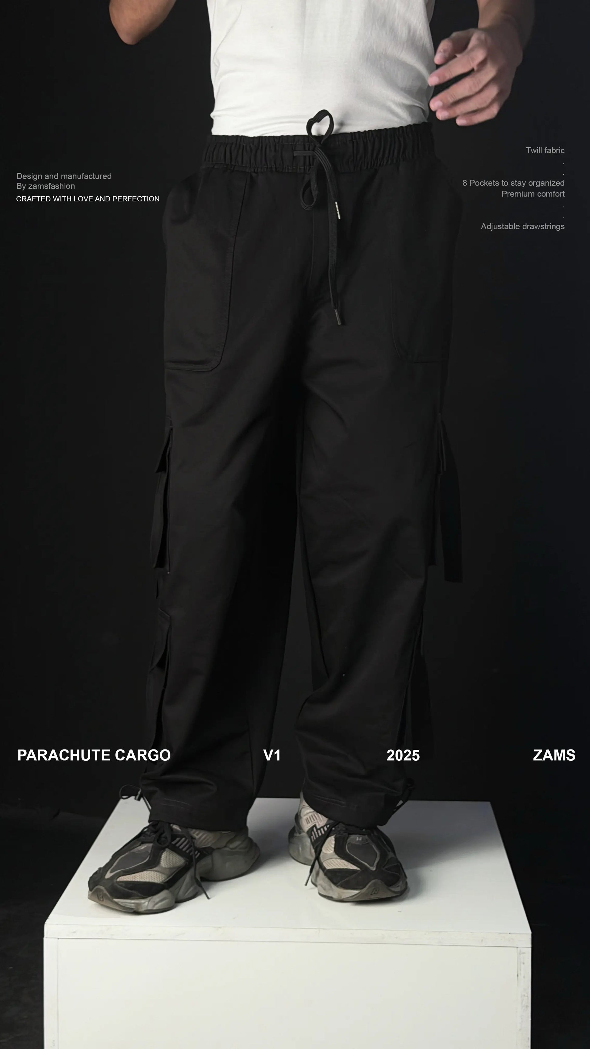 Black Parachute Cargo 8 Pockets - Adjustable Drawstrings ZAMS