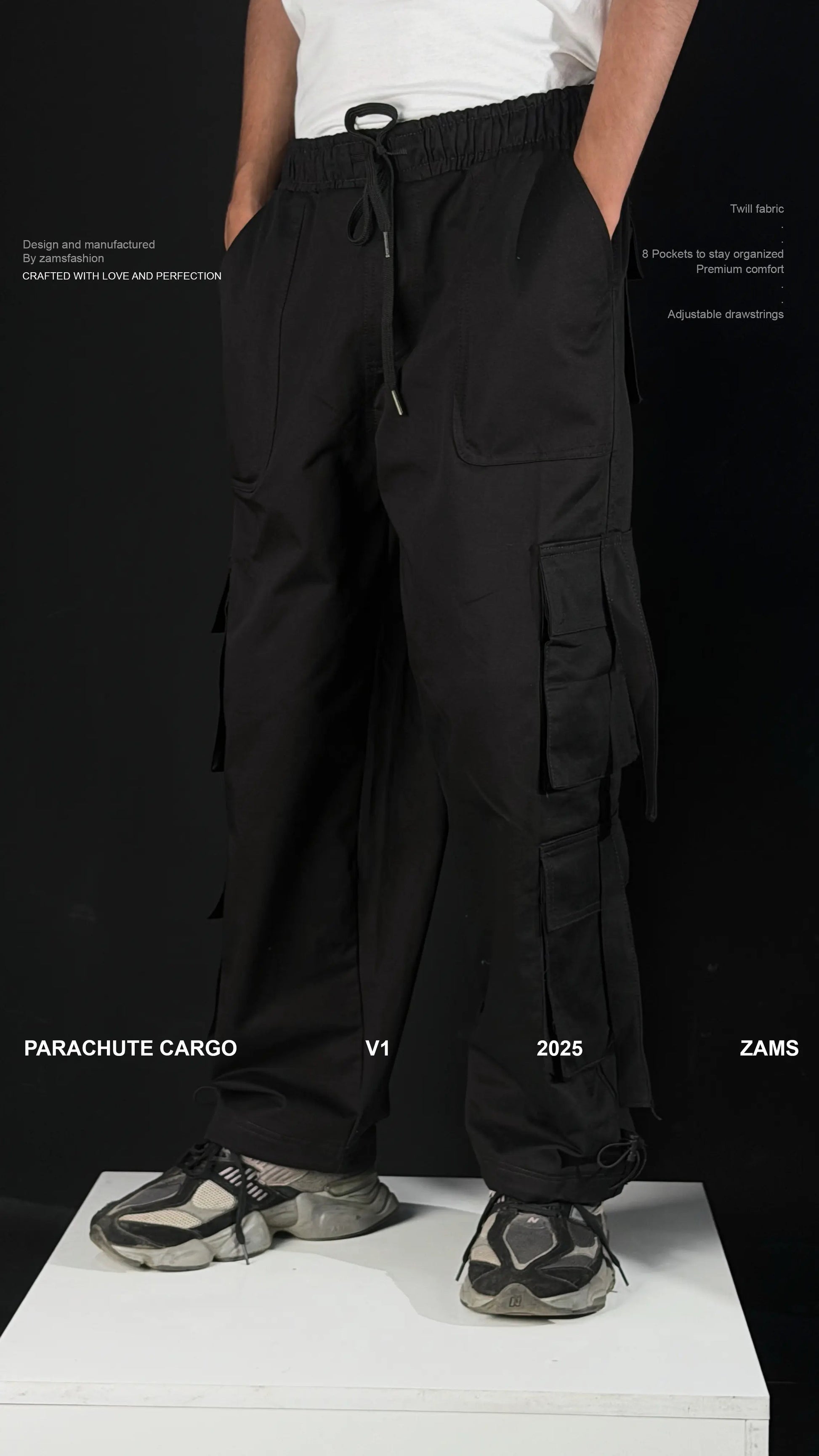 Black Parachute Cargo 8 Pockets - Adjustable Drawstrings ZAMS