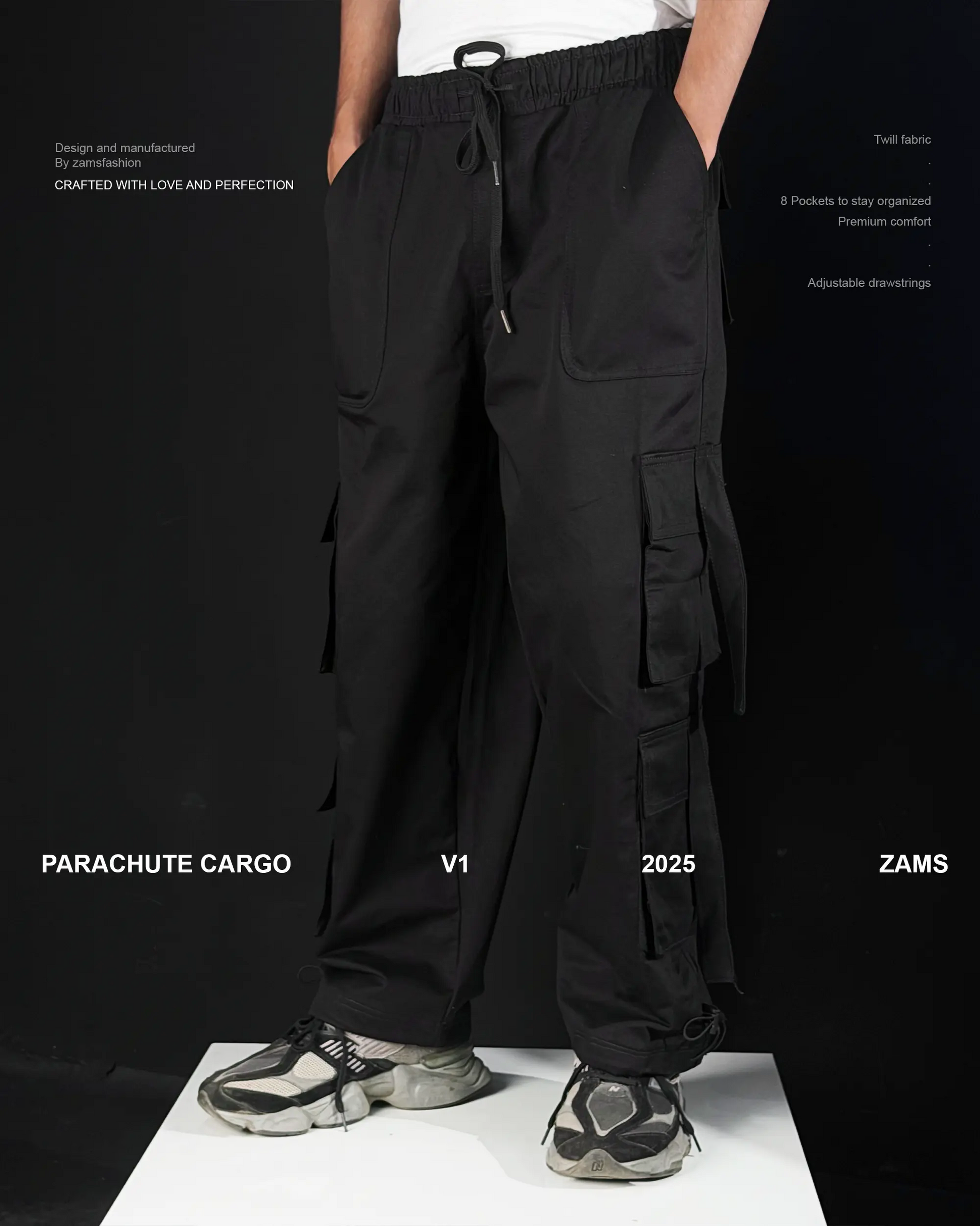 Black Parachute Cargo 8 Pockets - Adjustable Drawstrings ZAMS